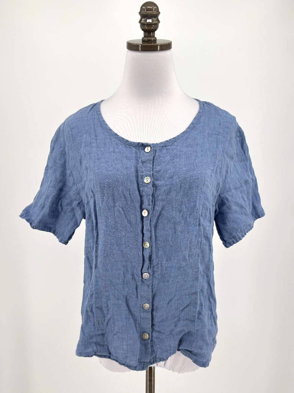 FLAX Blue Woven Relaxed Fit Short Sleeve 100% Linen Button Up Top Sz M